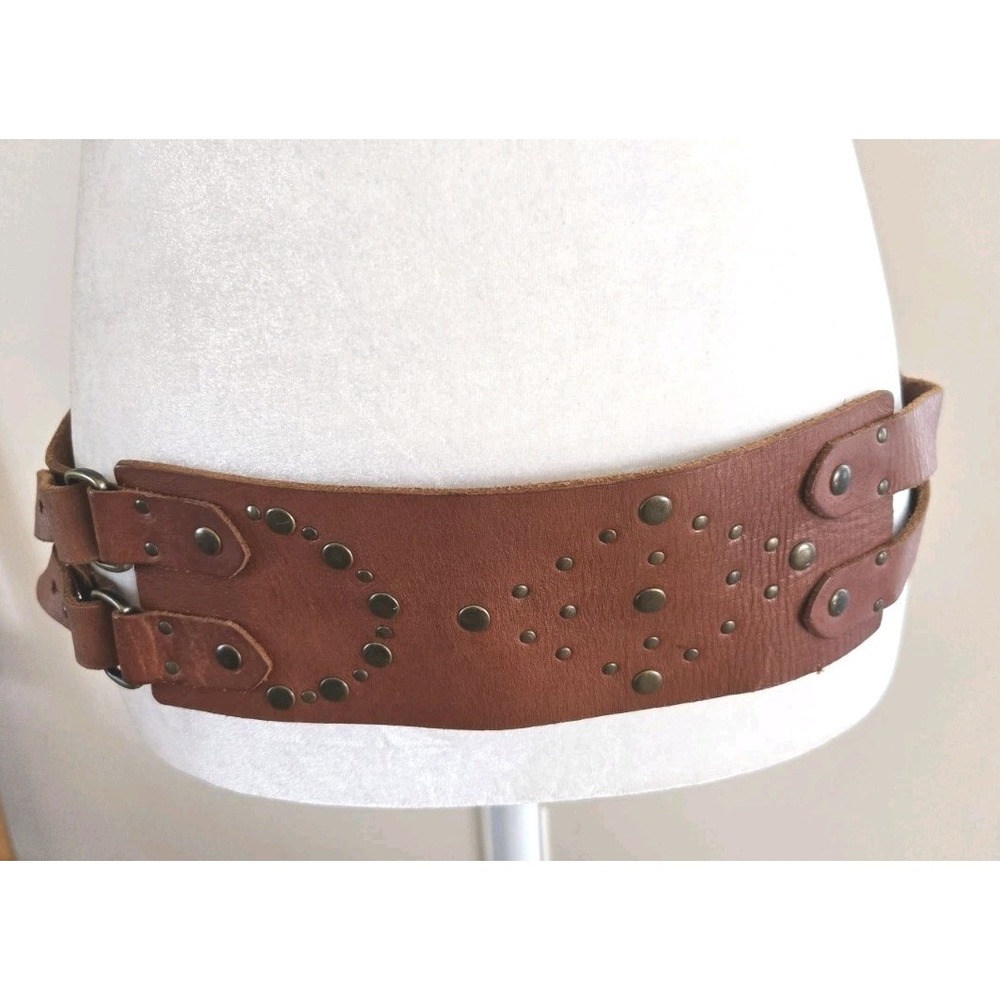Vintage Candie's Genuine Leather Wide Front Double Strap Studded Belt Brown L/XL